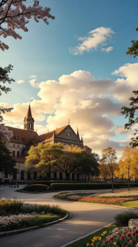 a profestional picutre of  Cluj-Napoca, Romania: Cluj-Napoca florece en primavera, con el Central Park adornado de cerezos en flor, el St. La plaza de la Iglesia de San Miguel repleta de tulipanes, y la arquitectura histórica que proporciona un encantador telón de fondo para el despertar de la ciudad. ,
Gran angular, paisaje , 
photorealism,irreal 5 días, extremadamente detallado ,((ultranítido)),((obra maestra)),((mejor calidad)),((ultradetallado)),((detalles intrincados)), fondo extremadamente detallado, ultra realista,32k,foto cruda, 8K ,DSLR,iluminación suave,alta calidad,grano de la película, hermoso y estetico,extremadamente detallado, sombras naturales,