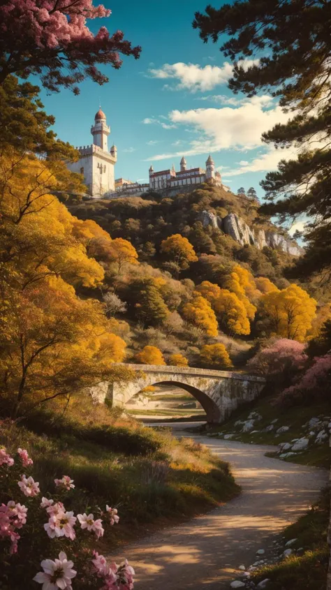a profestional picutre of  Sintra, Portugal: Sintra's palaces and gardens flourish in spring, with the Pena Palace surrounded by...