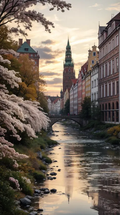 a profestional picutre of  WrocÅaw, Poland: WrocÅaw ushers in spring with its lively Market Square, where the iconic flower market blooms with an array of colors, and the historic Ostrow Tumski island is surrounded by cherry blossoms, creating a picturesque urban retreat. ,
wide angle, landscape , 
photorealism,unreal 5 daz, extremely detailed ,((ultrasharp)),((masterpiece)),((best quality)),((ultradetailed)),((intricated details)), extremaly detailed background, ultra realistic,32k,RAW photo, 8k ,dslr,soft lighting,high quality,film grain, beautiful and aesthetic,extremely detailed, natural shadows,