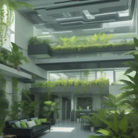 green living room with some plants, futuristic