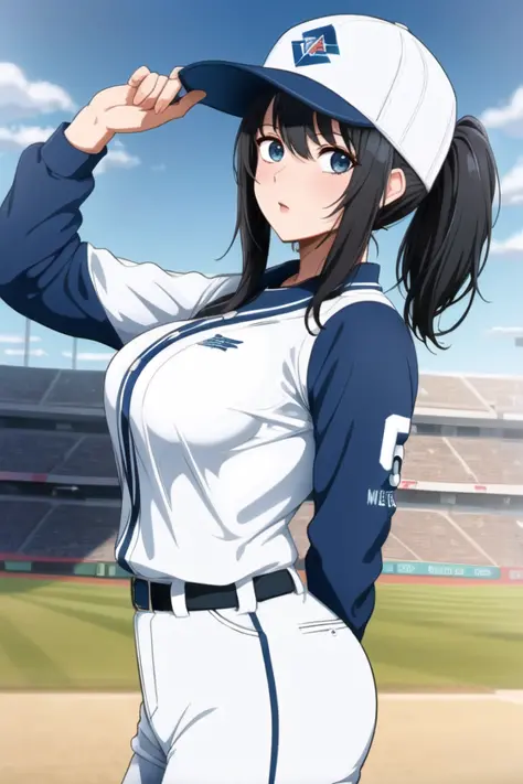 neocoill,  masterpiece, best quality, 1girl, baseball uniform, solo, baseball mitt, baseball cap, hat, baseball, sky, sportswear, cloud, black hair, blue sky, day, holding, shirt, bangs, medium hair, long sleeves, standing, holding ball, outdoors, looking at viewer, parted lips, large breasts, mature female,