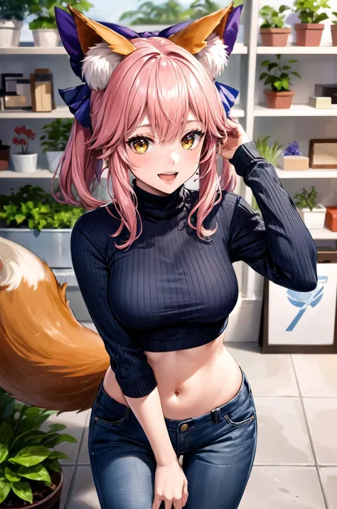 (masterpiece, best quality, detailed), 1girl, solo, looking at viewer, tamamo no mae, hair bow, fox ears, fox tail,
turtleneck s...