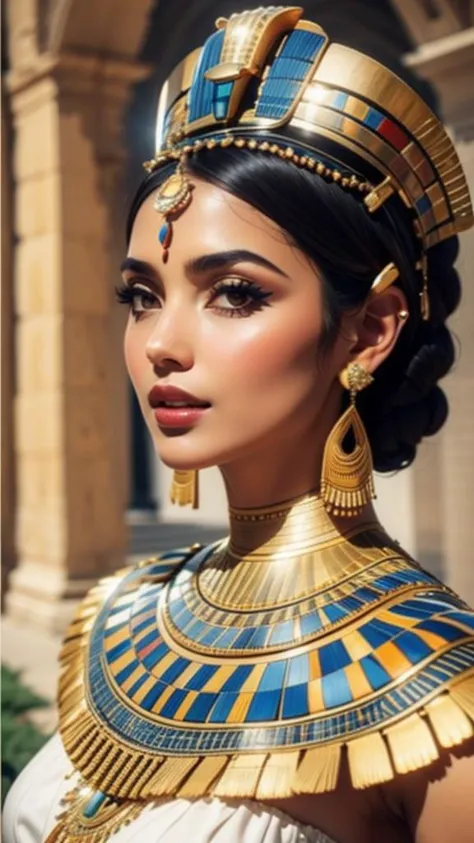 a woman in egyptian costume with a gold and blue headpiece