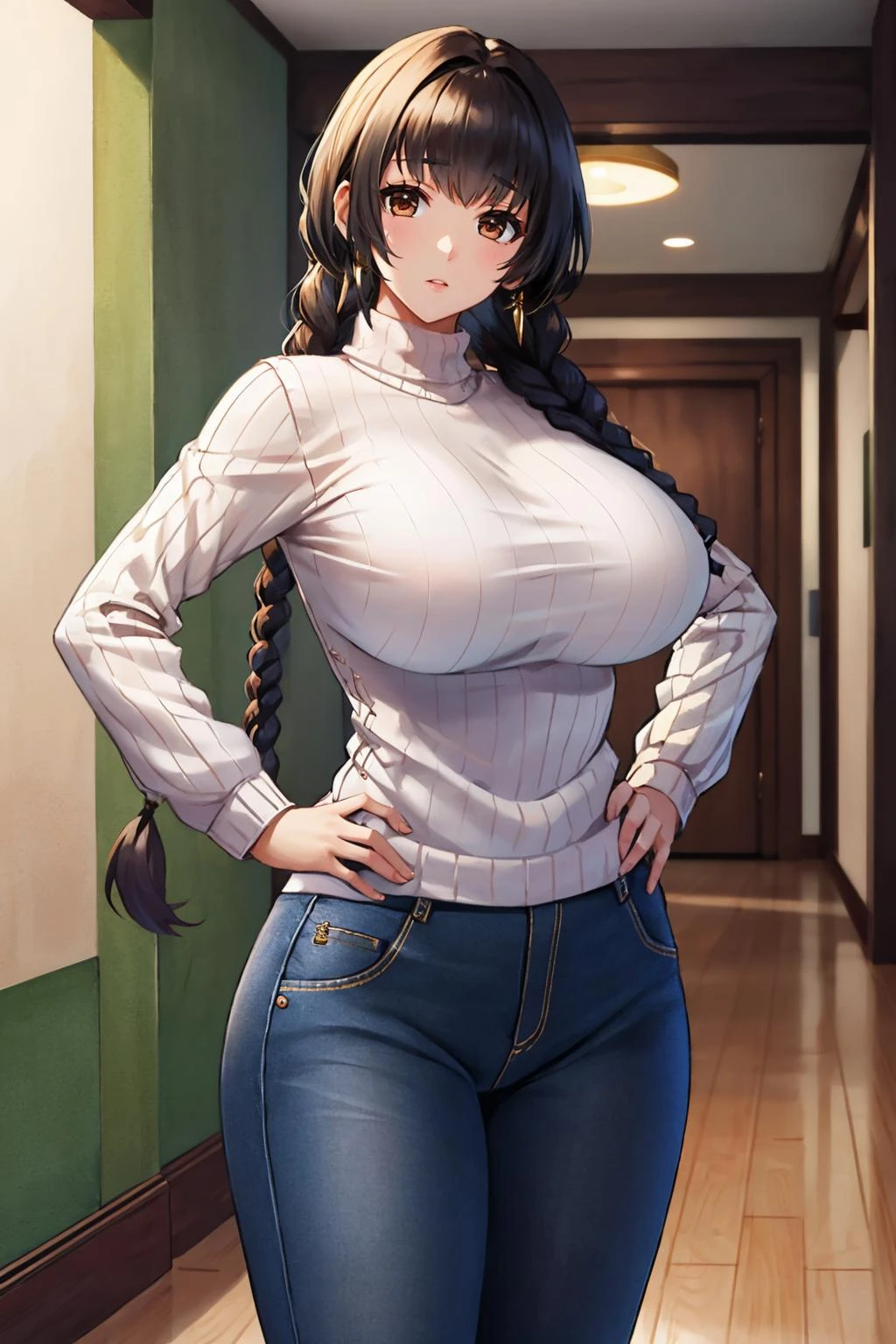 masterpiece, best quality,   rabiane, twin braids, white sweater, large breasts, pants, looking at viewer, standing, indoors, house, painting, hallway, hands on hips