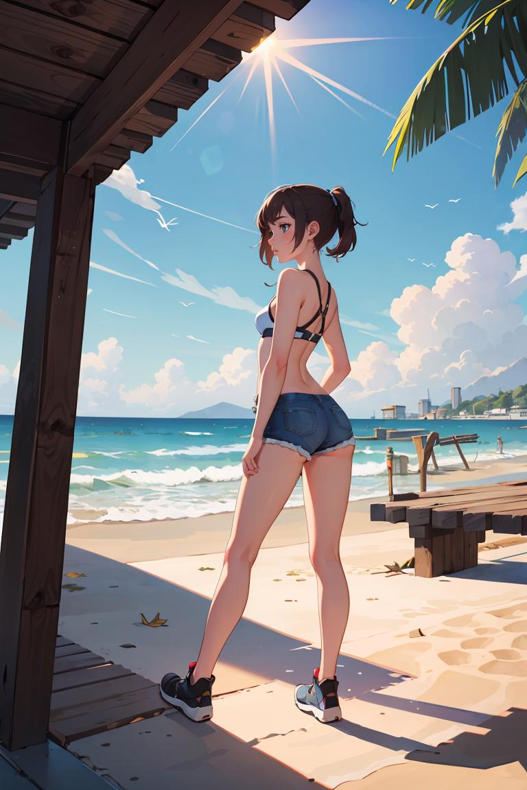 A woman in a bikini top and shorts standing on a beach - SeaArt AI