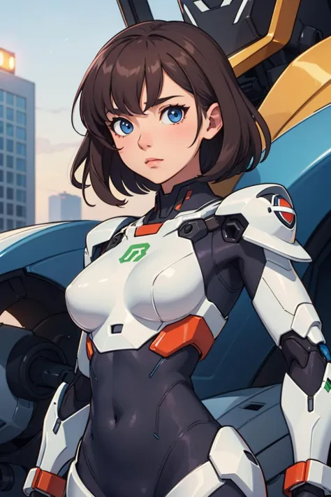 (masterpiece), best quality, highly detailed, detailed background, cinematic lighting, outdoor, 1girl, medium hair, medium breasts, mecha, bodysuit,