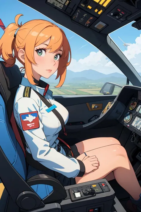 (masterpiece),( best quality), 1girl, pilot, flying helicopter, from cockpit