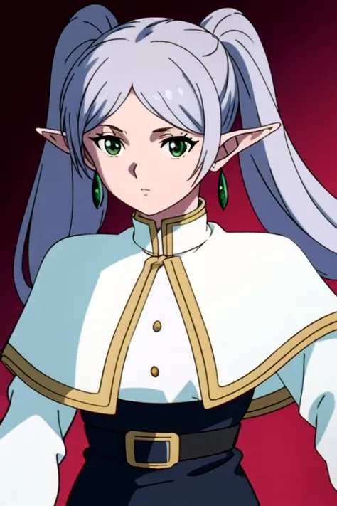 masterpiece, best quality, game cg, 1girl, <lora:frierenv2-lora-nochekaiser:0.65>, frieren, long hair, twintails, (green eyes:1.5), grey hair, pointy ears, elf, shirt, long sleeves, jewelry, pantyhose, earrings, striped, black pantyhose, capelet, striped shirt, solo, looking at viewer, upper body, , anime coloring, , Hive minds- Coordinated entities exhibiting synchronized movements and a shared visual connection., , <lora:yu_yu_hakusho_style:0.96>, yu_yu_hakusho_style