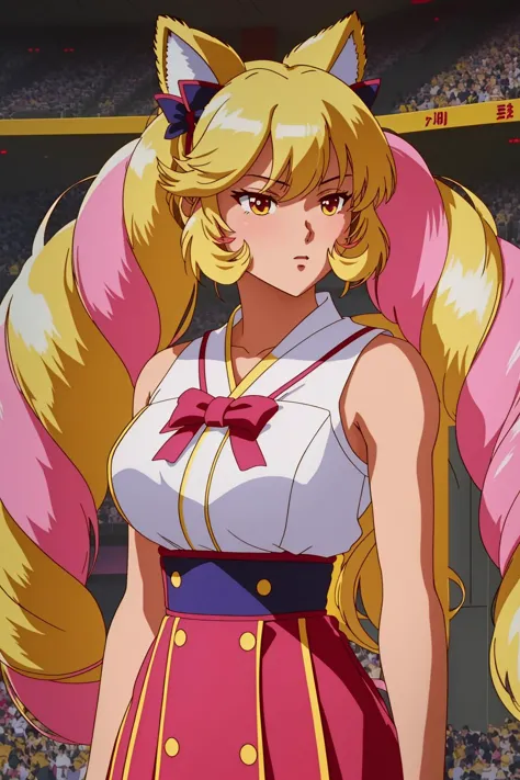 yu_yu_hakusho_style <lora:yu_yu_hakusho_style:0.9>,  <lora:My LORA:0.7> Himeko, very long hair, red eyes, hair bow, twin_drills, twintails, long hair,cat ears, yellow cat ears, (((masterpiece))), (((best quality))), (((illustration))), (((finely detail))), ((extremely detailed cg unity 8k wallpaper, highres)), (beautiful detailed face and eyes and hair:1.1), (an extremely delicate and beautiful girl:1.2), ultra-detailed, ultra high res, high quality, 4K, extreamly delicate and beautiful, full_body, standing,  in full growth, hourglass waist