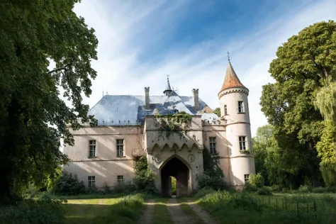 arafed castle with a gate and a tower in the middle of a field