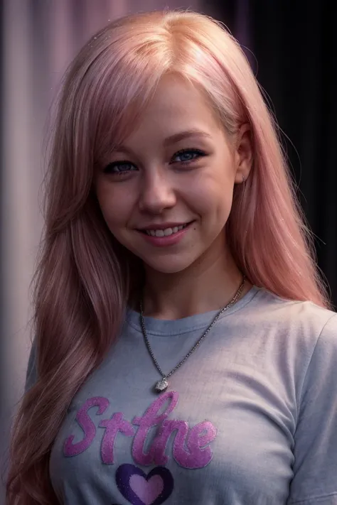 a close up of a young girl with pink hair and a necklace