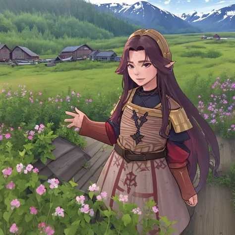 anime girl in a field of flowers pointing at a small village