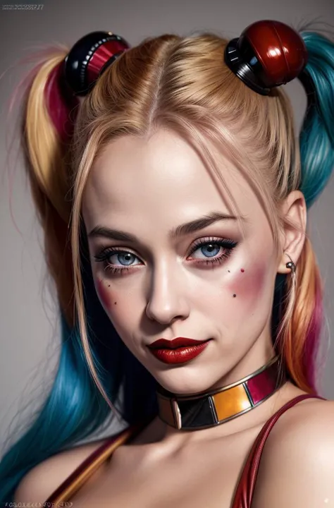 (photograph) of harley quinn, artistic erotica, (highly detailed face, natural skin texture), warm studio lighting, hyperrealism, best quality, absurdres, masterpiece, by holly randall,