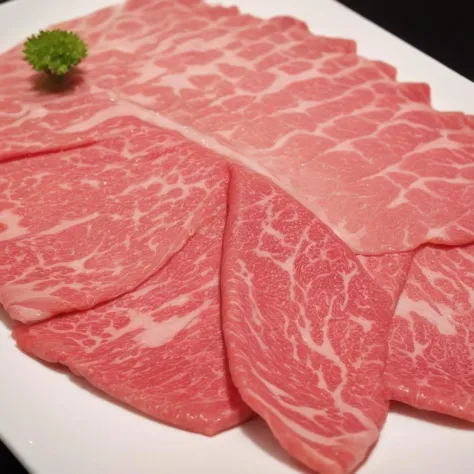 An enticing plate filled with premium Japanese Wagyu beef slices, specifically prepared for hot pot. Each slice should showcase the signature marbling of Wagyu, with intricate patterns of fat interspersed within the meat, giving it a luxurious appearance. The rich oil marbling should glisten, emphasizing the beef's high quality and tenderness. The color of the Wagyu should be a vibrant pinkish-red, with the white marbling contrasting beautifully. The plate itself should be elegant and understated, ensuring the Wagyu remains the star of the show. The photograph's quality should be of high resolution, capturing the unique texture and marbling of the Wagyu slices,