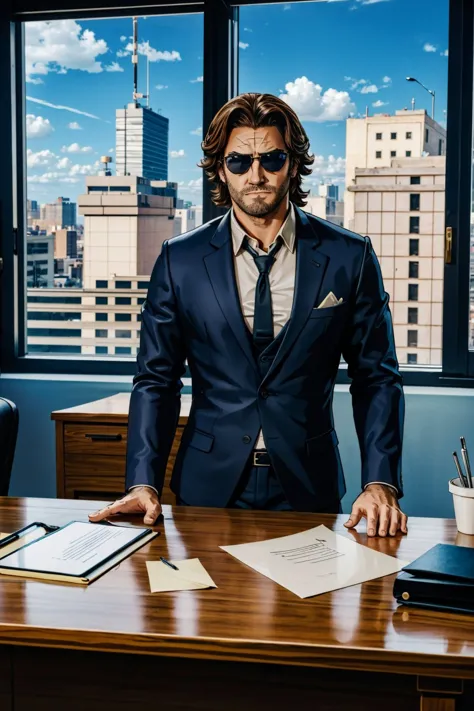 <lora:bigby-07a:0.55>, bigbyTWAS_soul3142, 1man, sunglasses, facial hair, suit, office, desk, paper, window, day, sky