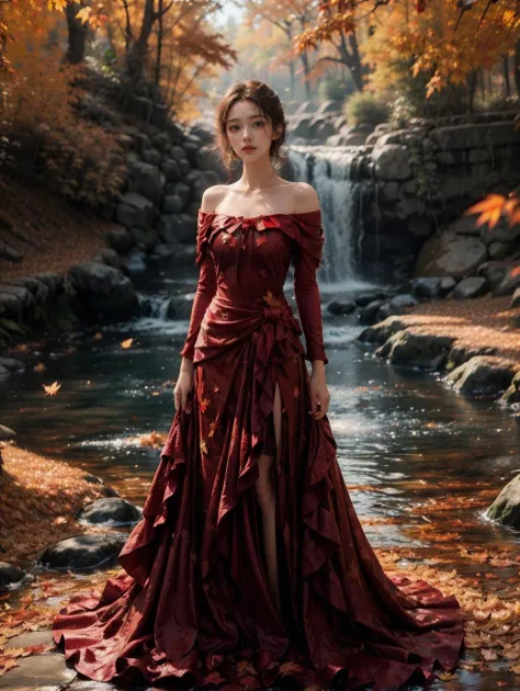 (fashion magazine cover:1.2),(full-size photograph:1.2),(a beautiful and delicate girl:1.1),gorgeous formal attire,fashion design,a tender and watery gaze,elegant,
((Dadaism)),(creek:1.1),<lora:maple leafå¶è½ç°å¢_v1.0:0.7>,maple leaf,warm and delicate sunshine,falling maple leaves,