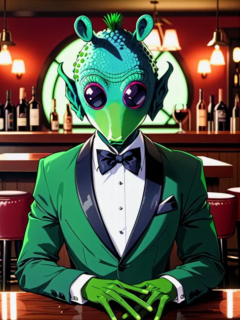 rodian alien,in a tuxedo,in a bar,green skin, masterpiece, best quality, soft light, bokeh, real shadow, cinematic, subsurface scuttering<lora:RodianXL:0.8>