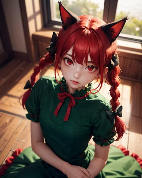 masterpiece, best quality, 1girl, solo, kaenbyou rin, twin braids, cat ears, frilled green dress, on back, paw pose, upper body,...