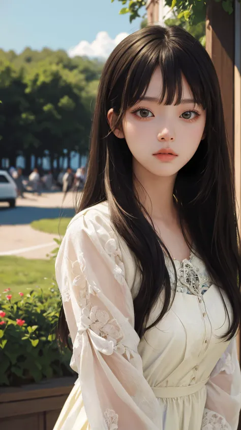 (masterpiece:1.4),(best quality:1.4),(absurdres:1.4),(looking at viewer),(intricate details:1.2), (extremely detailed:1.2), 
outdoors,1girl,
bangs, sleek, long hair, 
day with sunlight, 
sad face,
upper body,