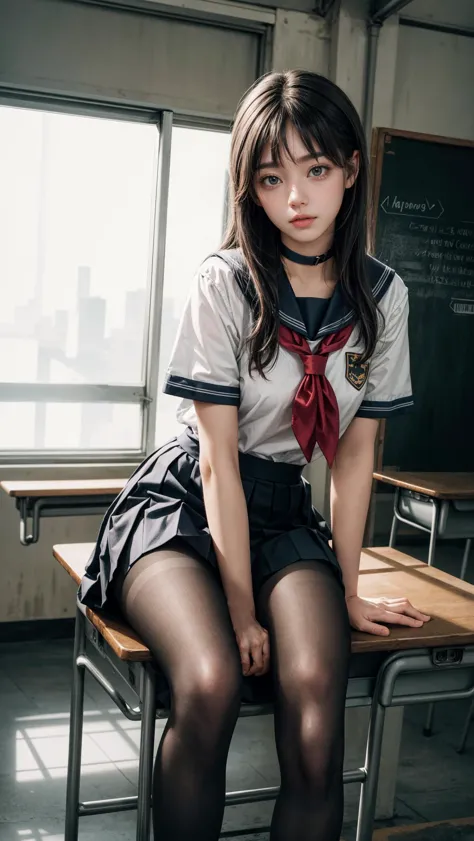 arafed asian girl in a school uniform sitting on a desk