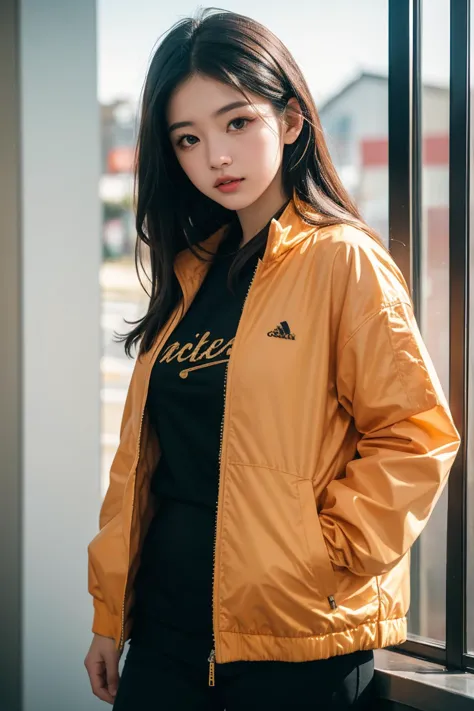 a woman standing by a window wearing a yellow jacket