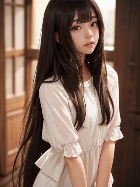 <lora:EC:0.6>masterpiece, best quality,Film grain,octane engine, 1girl, dark hair, long hair,light brown eyes,[[cute]], (bangs) , [cowboy shot], [detailed background], [dynamic pose],((solo))