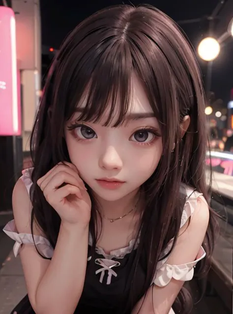 best quality, pale, blush, 1 girl, solo, (vampire:0.5), pink blush makeup, egirl_outfit, egirl_face, dark straight long hair, Double tail, filter,light brown eye, jk, jirai fashion, neon, absurdres <lora:jirai_v2:0.8>  <lora:egirl:0.25> <lora:EC:0.5>