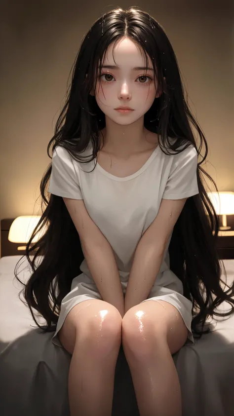 a woman sitting on a bed with long black hair