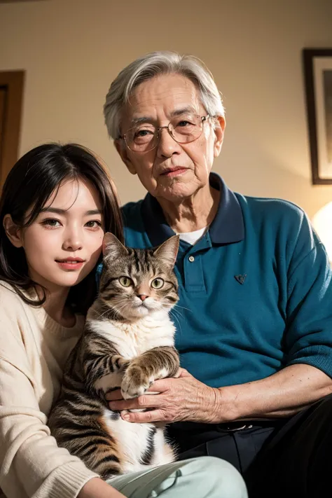 there is a woman and a cat sitting on a couch