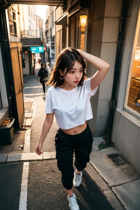 a woman walking down a street in a white shirt and black pants