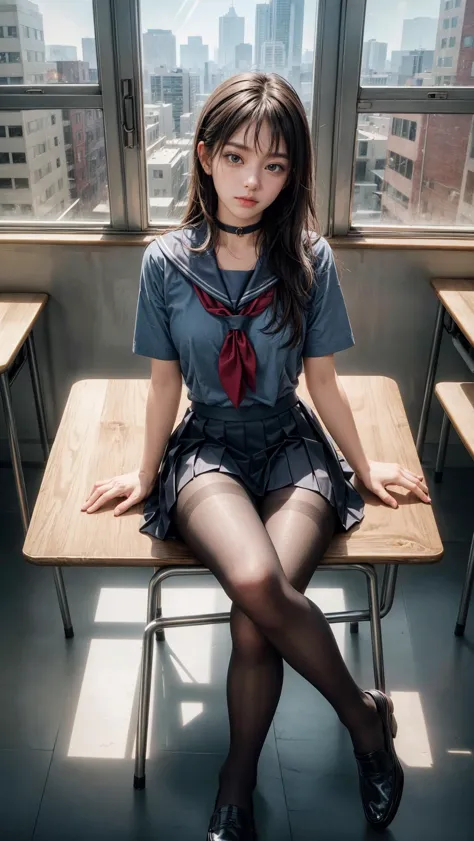 there is a woman sitting on a desk in a school uniform