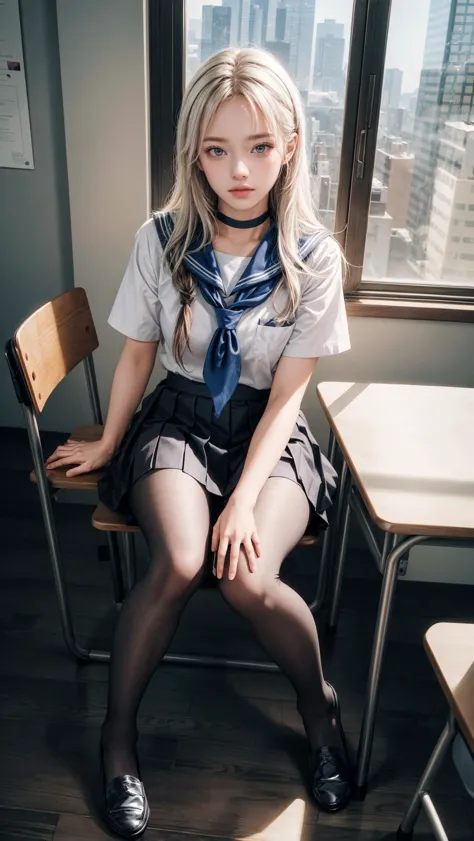 arafed image of a woman sitting on a chair in a school uniform