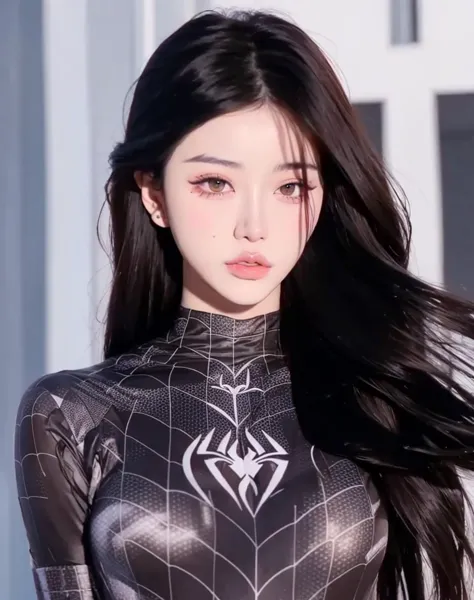 <lora:zhizhuxia:0.9>,ulzzang-6500, 1girl, solo, black hair, realistic, long hair, simple background, looking at viewer, brown eyes, lips, black background, breasts, upper body, animification, brown hair, black eyes