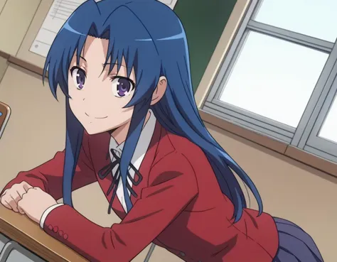 anime girl with blue hair sitting at a desk in a classroom