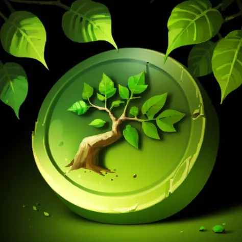 ((masterpiece,best quality)), <lora:FantasyIcons_Coins:0.8>, green coin, glowing, nature, tree symbol, leaves, ivy, shiny metal