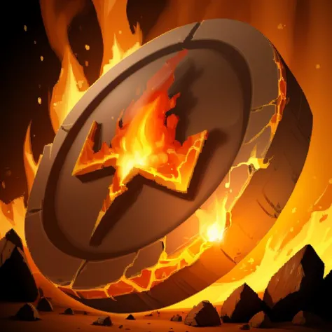 a close up of a fire and a shield with a star on it