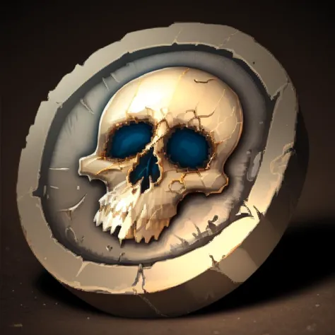 a close up of a skull with blue eyes on a round object