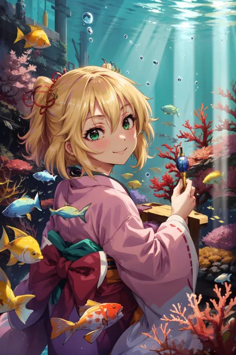 anime girl in kimono outfit looking at fish in aquarium