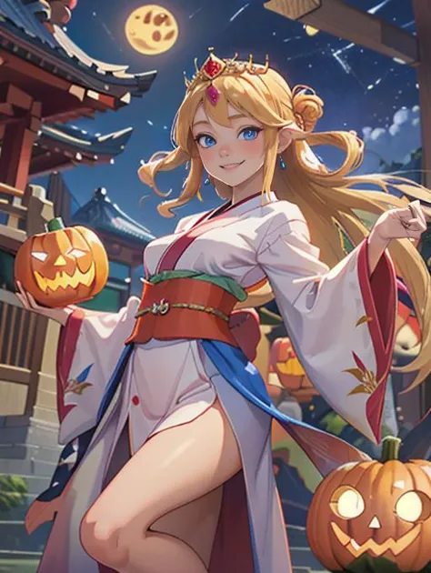 a woman in a kimono outfit holding a pumpkin and a lantern