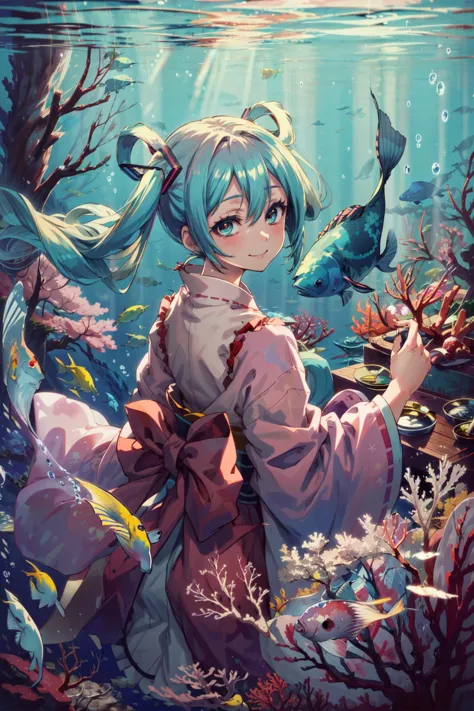 masterpiece,best quality,1girl,hatsune miku,OtohimeCh,hair rings,tied hair,hagoromo,Japanese clothes,underwater,bubble,japanese palace,coral,fish,smile,<lora:OtohimeCh:0.9>,