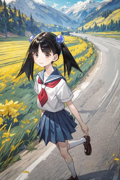 (masterpiece),(best quality), <lora:OtonashiMeru:0.85>,  meru, alternative haircut, blunt bangs, hair bobbles, hair ornament, school uniform, short sleeves, blue skirt, mary janes,  ((portrait)), country road, fields, river, mountain, sunlight, smile, walking, <lora:Adddetail:0.8>