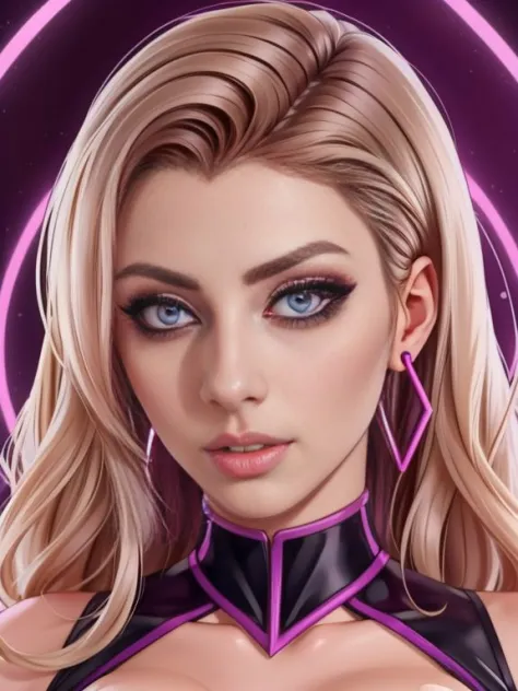 [ Anita Ekberg | Lana Rhoades], NeonHypnoPMV Style,  purple eyes, extremely detailed eyes, ( Pump ) 
 <lora:NeonHypnoPMV:0.7>