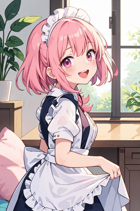 a close up of a person in a maid outfit sitting on a bed