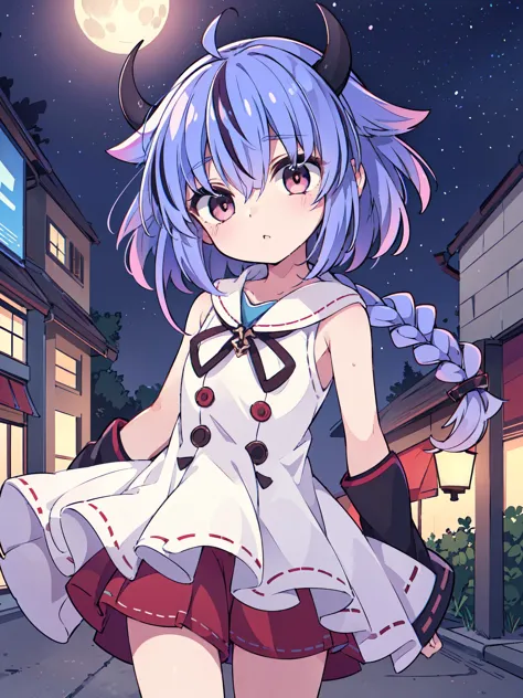 anime girl in a short dress walking down a street at night