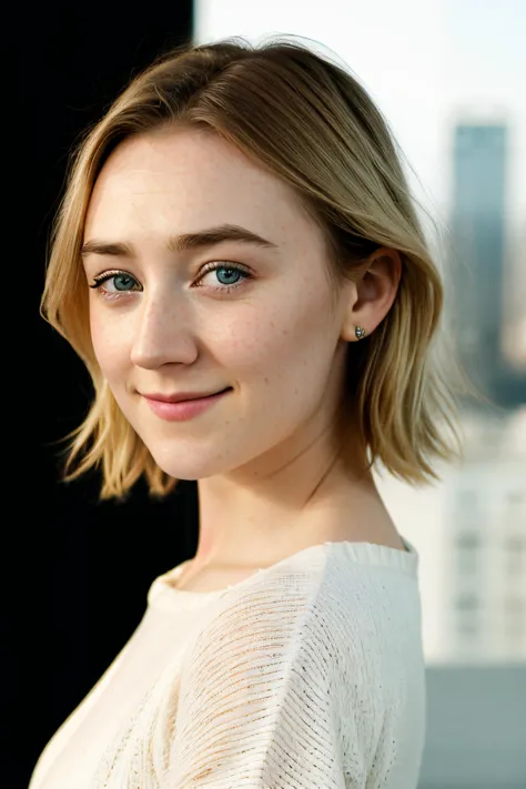 a close up of a woman with a white shirt and a city in the background