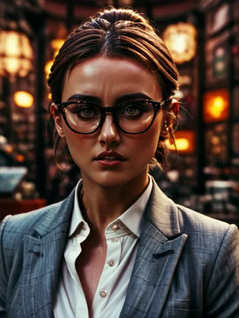 a woman in glasses standing in a library with a book shelf