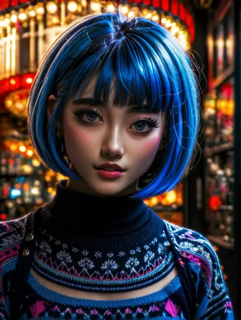 a close up of a woman with blue hair and a sweater