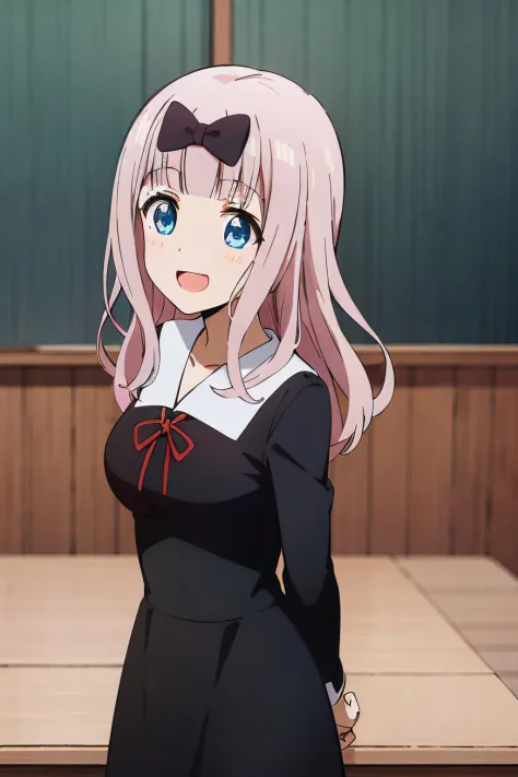 best quality, (masterpiece:1.2), detailed,
<lora:chara_Kaguya-samaWaKokurasetai_FujiwaraChika_v1:0.8>, fujiwara chika (kaguya-sama),
1girl, solo, open mouth, smile,
pink hair, blue eyes, long hair,
school uniform, black dress, hair bow, black bow, red ribbon,
standing, hands together, looking at the viewer,
classroom