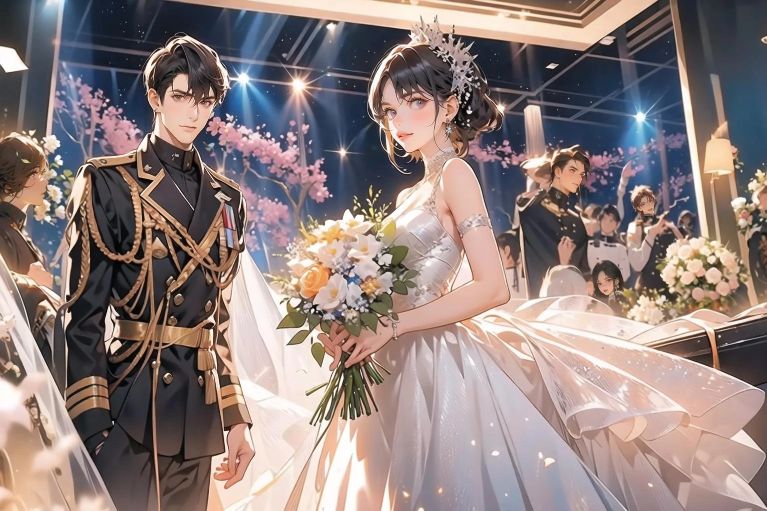 (masterpiece:1.2),(masterpiece, top quality, best quality),highres,original,dynamic pose,
1 girl, 1 boy, flowers, black hair, evening gown, dress, military uniform, military uniform, bouquet, long hair, hair accessories, earrings, military uniform, shirt, holding bouquet, white flower, holding, straight, white shirt, pink flower, looking at the audience, short hair
