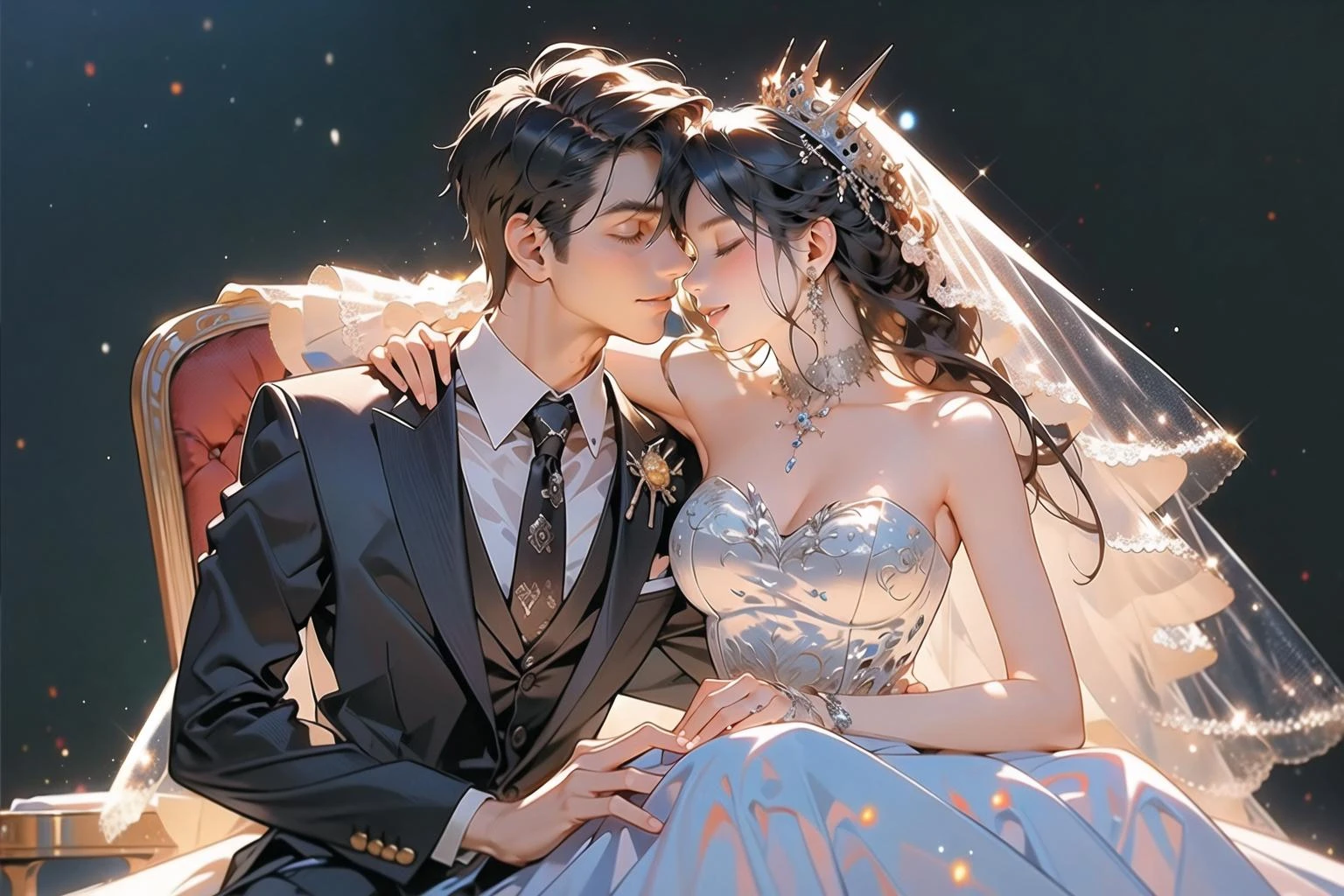 (masterpiece:1.2),(masterpiece, top quality, best quality),highres,original,dynamic pose,
1girl, 1boy, formal, dress, suit, veil, brown hair, wedding dress, necktie, sitting, realistic, black hair, closed eyes, short hair, bridal veil, chair, smile, tiara, bare shoulders, white dress, looking at another, stool
)